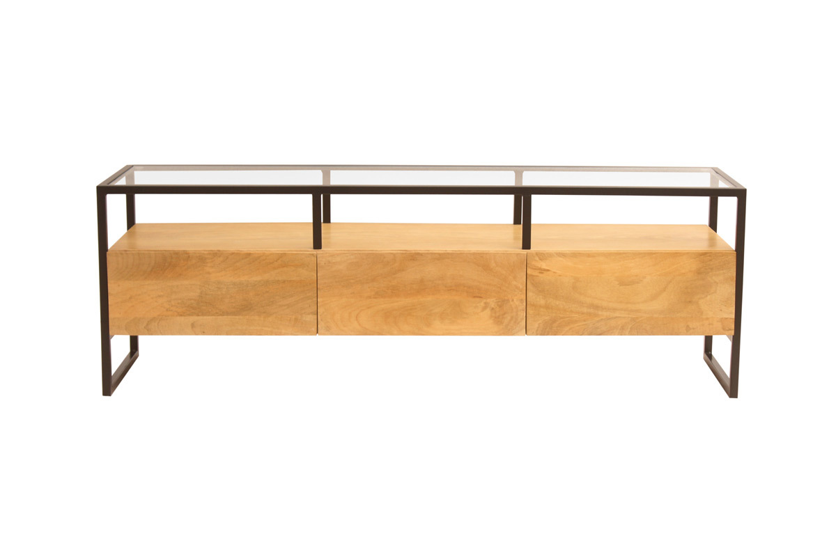 Mueble TV rectangular con almacenaje de madera maciza de mango, cristal y metal negro 150 cm DIYA