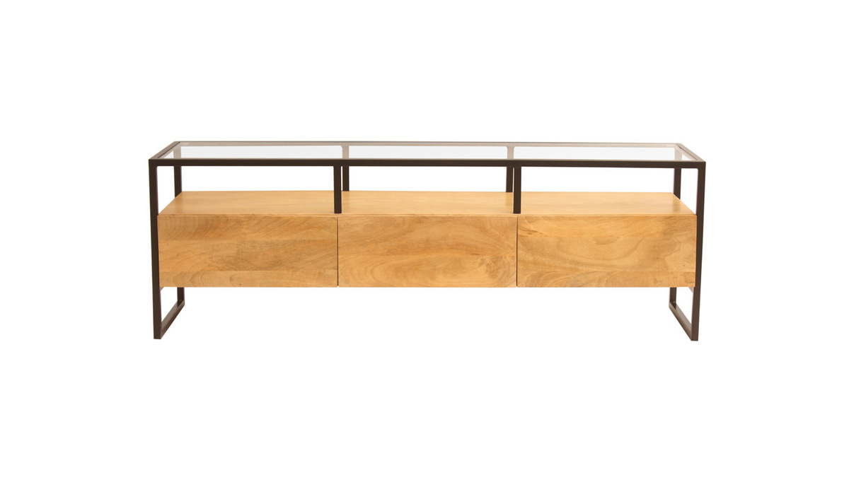 Mueble TV rectangular con almacenaje de madera maciza de mango, cristal y metal negro 150 cm DIYA