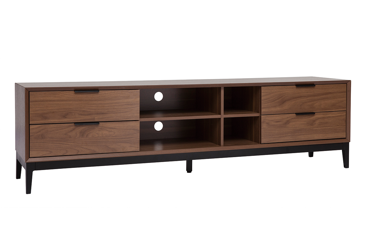 Mueble TV vintage con acabado de madera de nogal oscuro y metal negro con almacenaje 180 cm SARTO