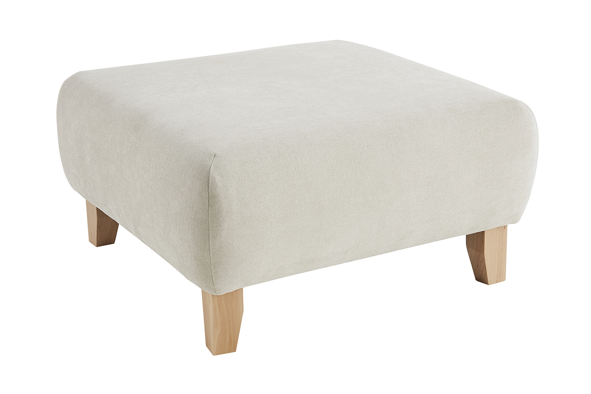 Puf reposapis de tela efecto aterciopelado texturizado beige y madera clara maciza 75 cm ODEON