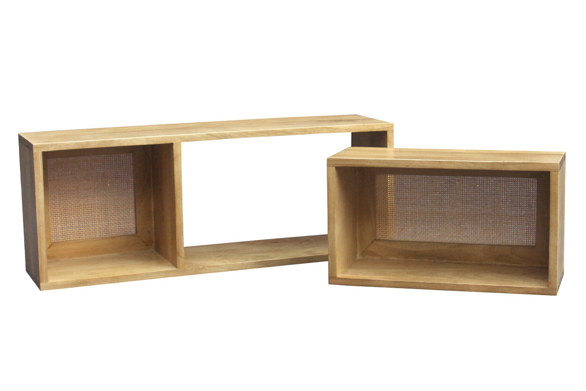 Set de 2 estanteras de pared con compartimentos de madera maciza de mango y caa de ratn 80 cm ACANGE