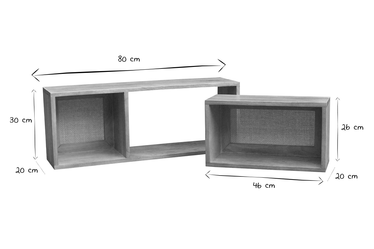 Set de 2 estanteras de pared con compartimentos de madera maciza de mango y caa de ratn 80 cm ACANGE