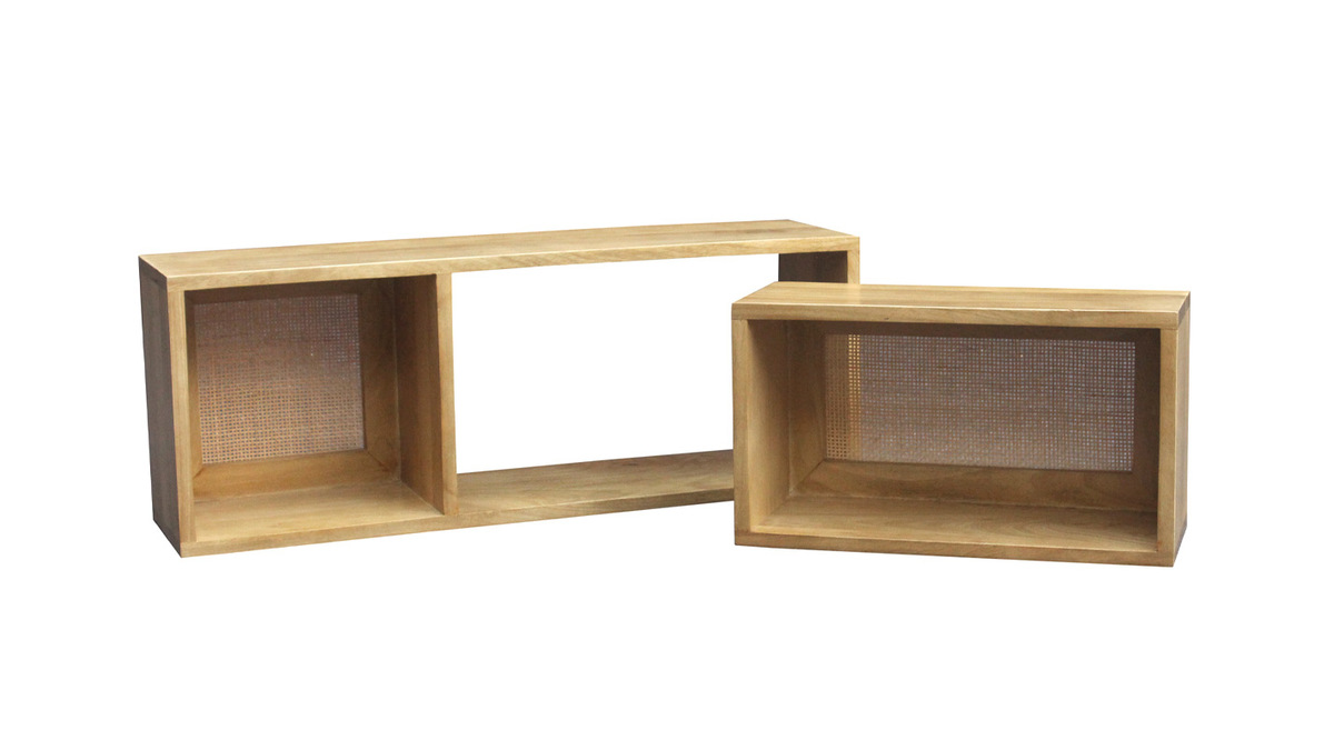 Set de 2 estanteras de pared con compartimentos de madera maciza de mango y caa de ratn 80 cm ACANGE