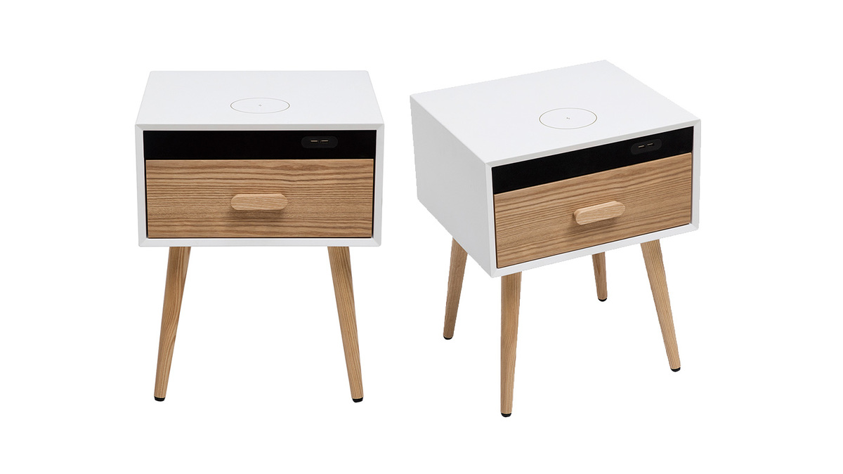 Set de 2 mesillas de noche multimedia de madera clara maciza y blanco mate 40 cm PAVAN