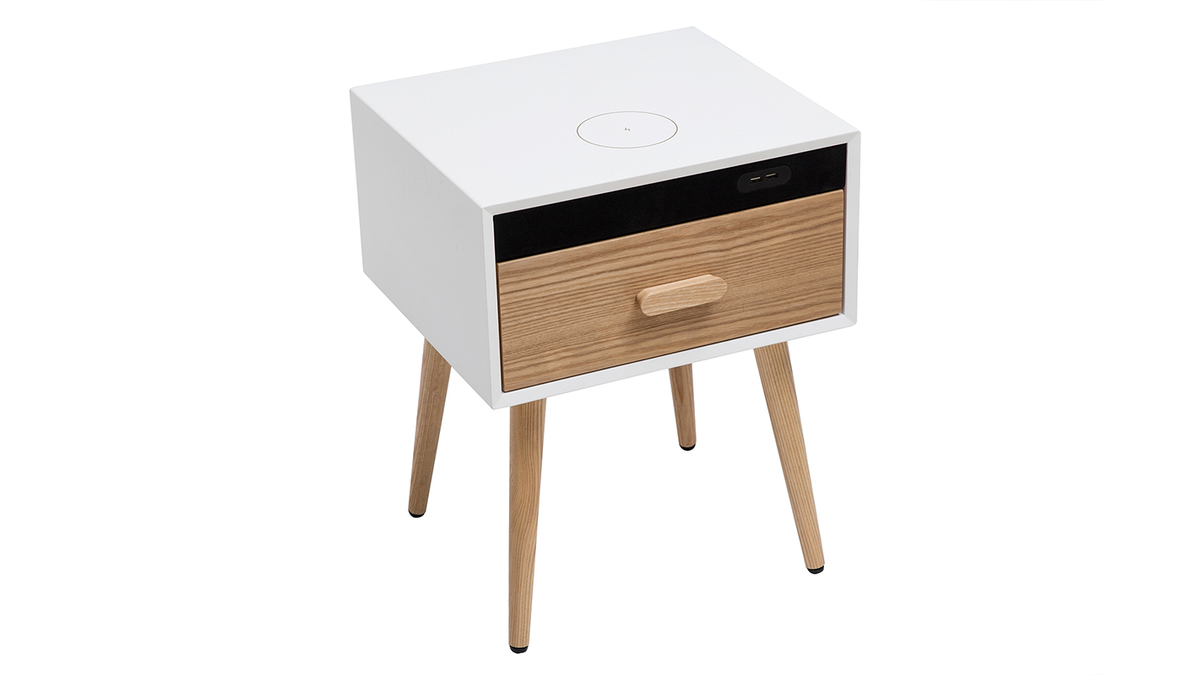 Set de 2 mesillas de noche multimedia de madera clara maciza y blanco mate 40 cm PAVAN