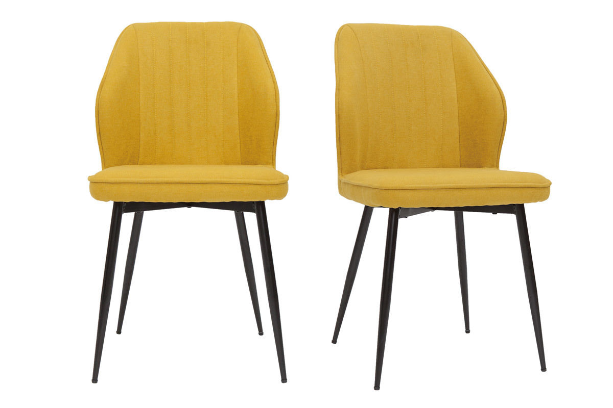 Set de 2 sillas de diseo de tejido efecto aterciopelado amarillo mostaza con patas de metal negro FANETTE