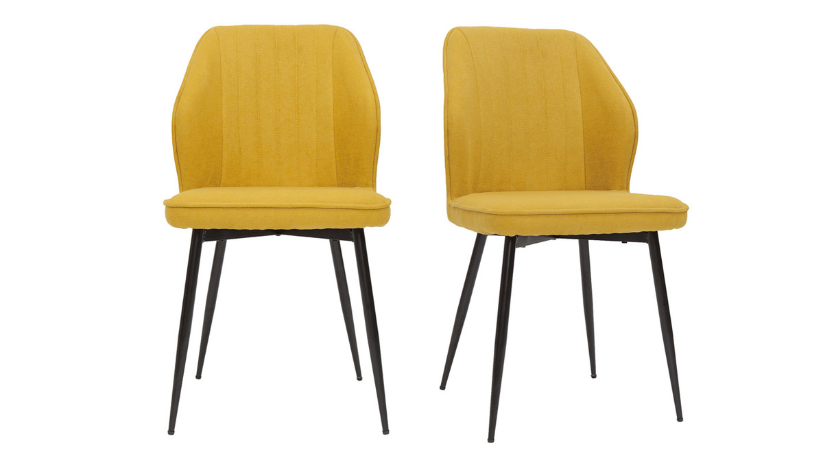 Set de 2 sillas de diseo de tejido efecto aterciopelado amarillo mostaza con patas de metal negro FANETTE