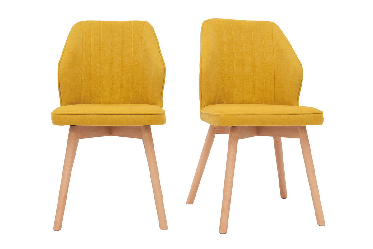 Set de 2 sillas de diseo de tela efecto aterciopelado amarillo mostaza con patas de madera clara maciza FANETTE