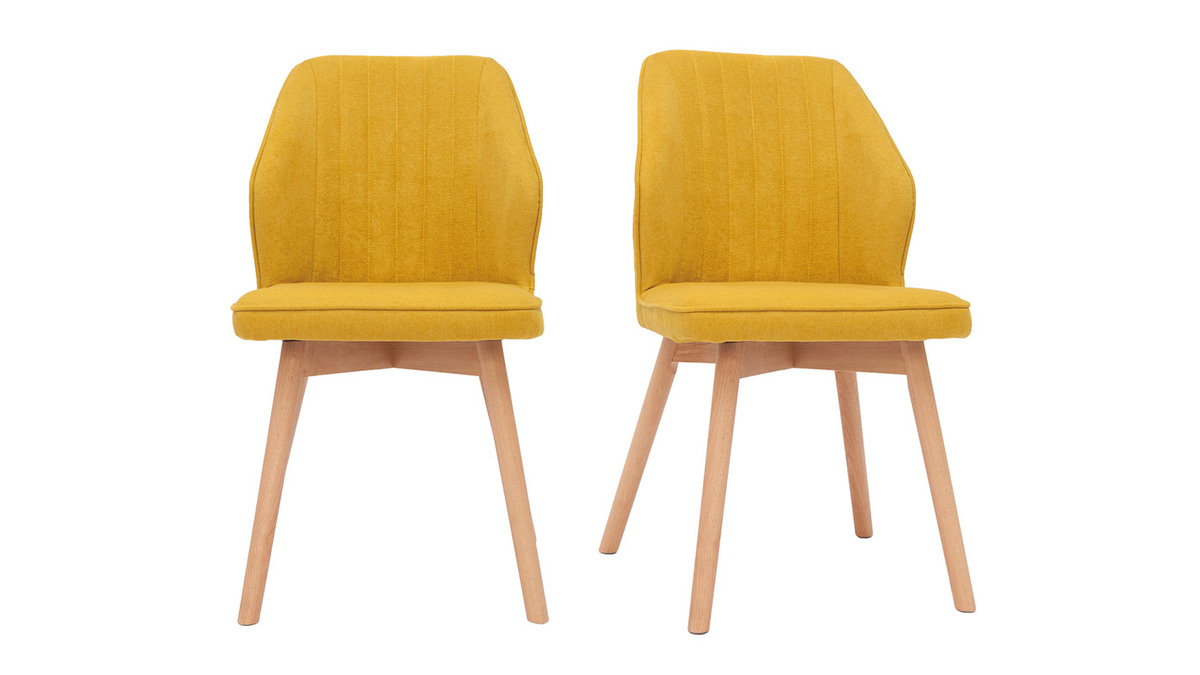 Set de 2 sillas de diseo de tela efecto aterciopelado amarillo mostaza con patas de madera clara maciza FANETTE