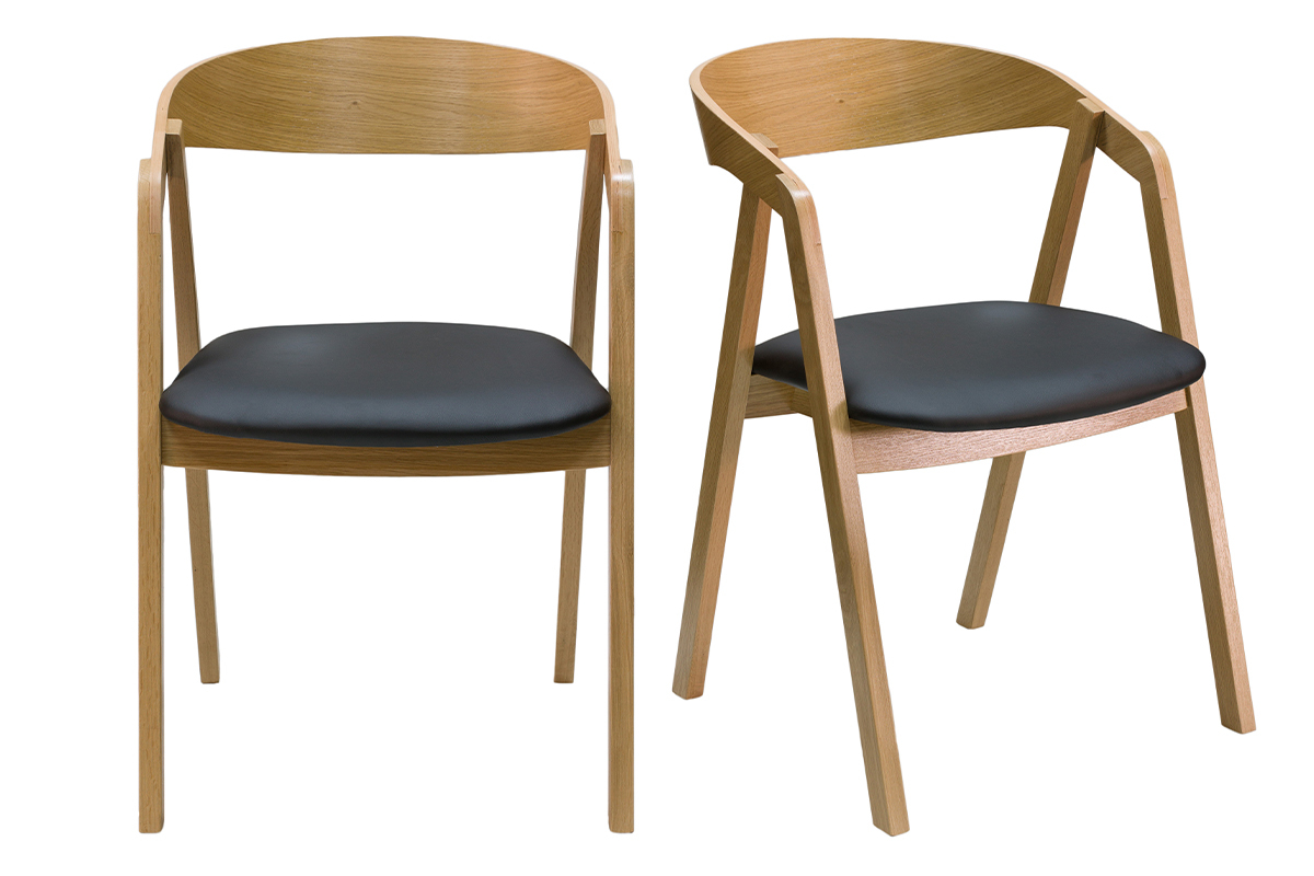 Set de 2 sillas nrdicas apilables de madera clara de roble macizo y asiento negro LOVA