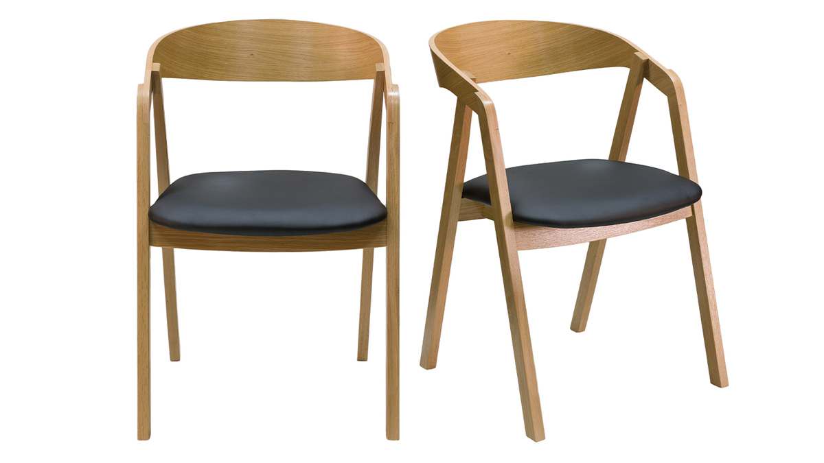 Set de 2 sillas nrdicas apilables de madera clara de roble macizo y asiento negro LOVA