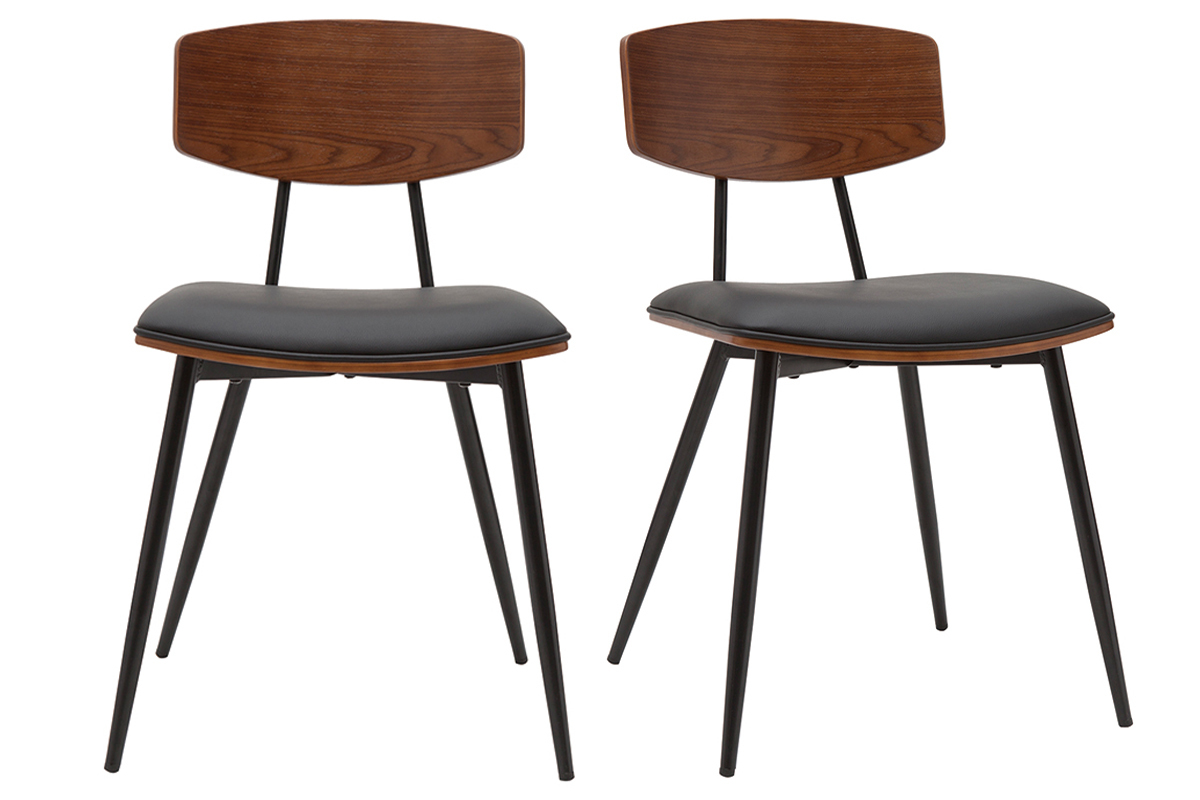 Set de 2 sillas vintage de madera de nogal oscuro con asiento negro y metal negro JOLINE