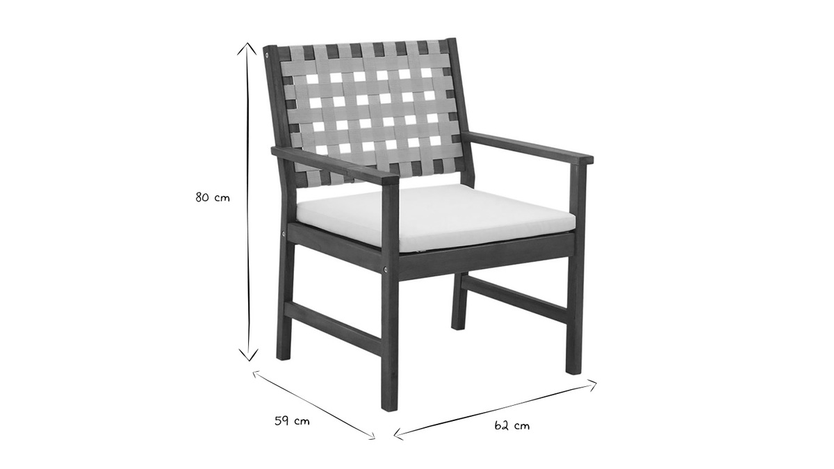 Set de 2 sillones de jardn de madera maciza con cojn blanco y cinchas beige SANTANA