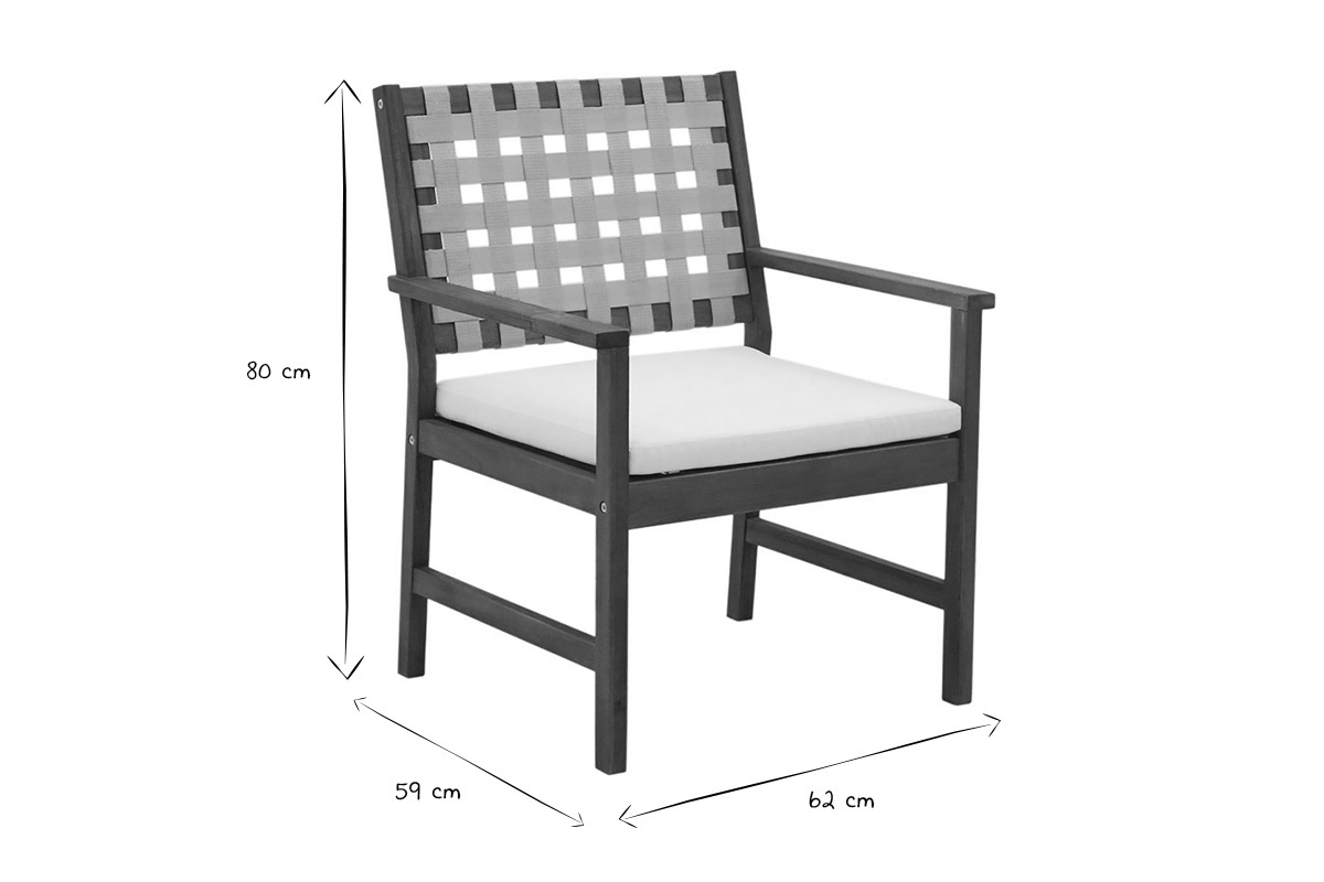 Set de 2 sillones de jardn de madera maciza con cojn blanco y cinchas beige SANTANA