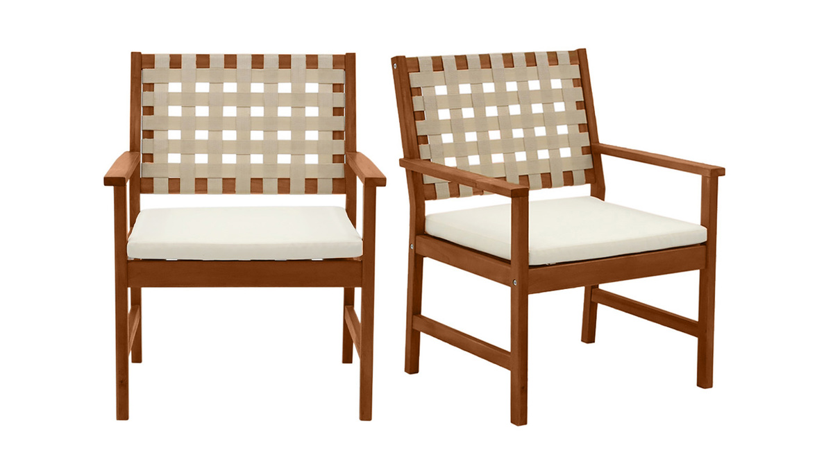 Set de 2 sillones de jardn de madera maciza con cojn blanco y cinchas beige SANTANA