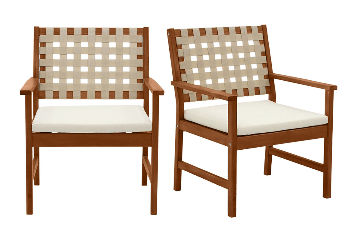 Set de 2 sillones de jardn de madera maciza con cojn blanco y cinchas beige SANTANA