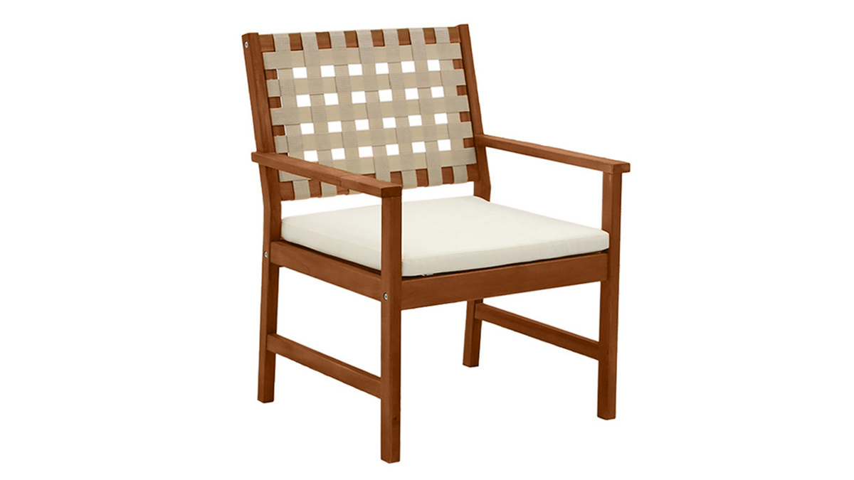 Set de 2 sillones de jardn de madera maciza con cojn blanco y cinchas beige SANTANA