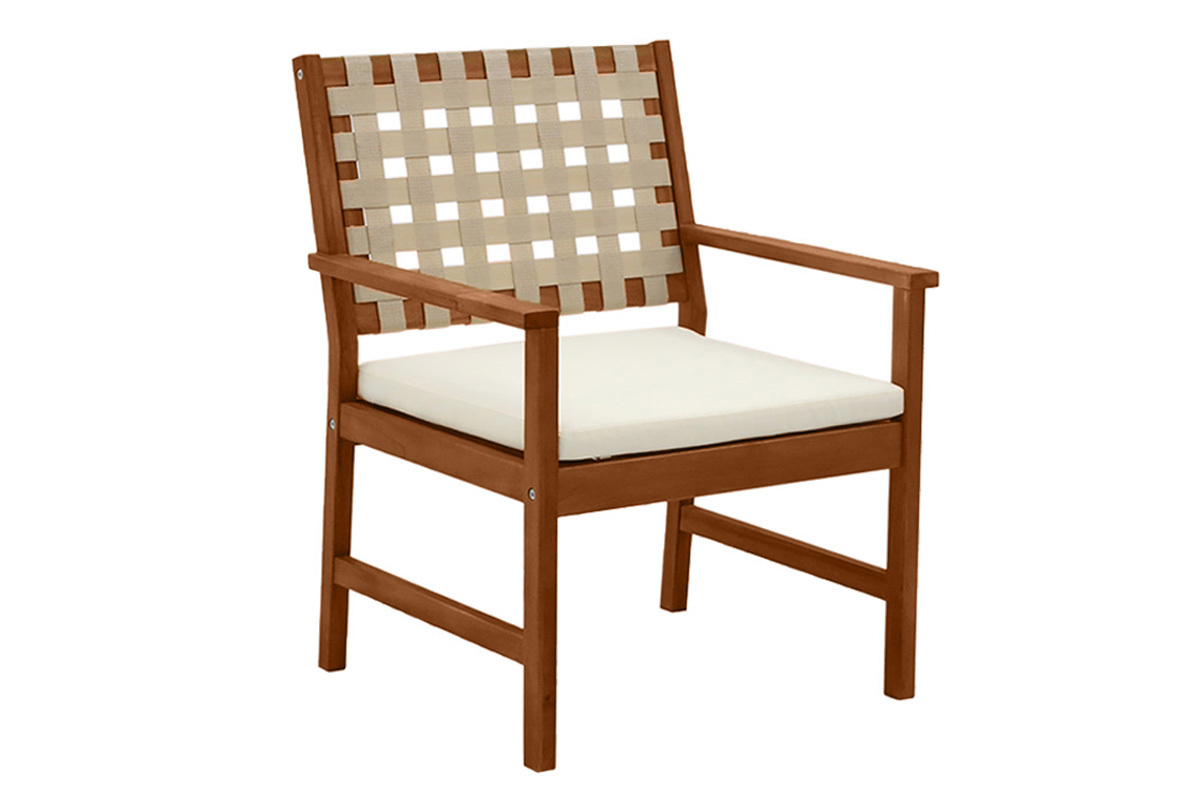 Set de 2 sillones de jardn de madera maciza con cojn blanco y cinchas beige SANTANA