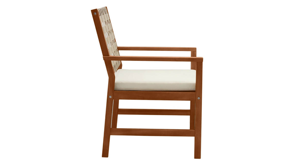 Set de 2 sillones de jardn de madera maciza con cojn blanco y cinchas beige SANTANA