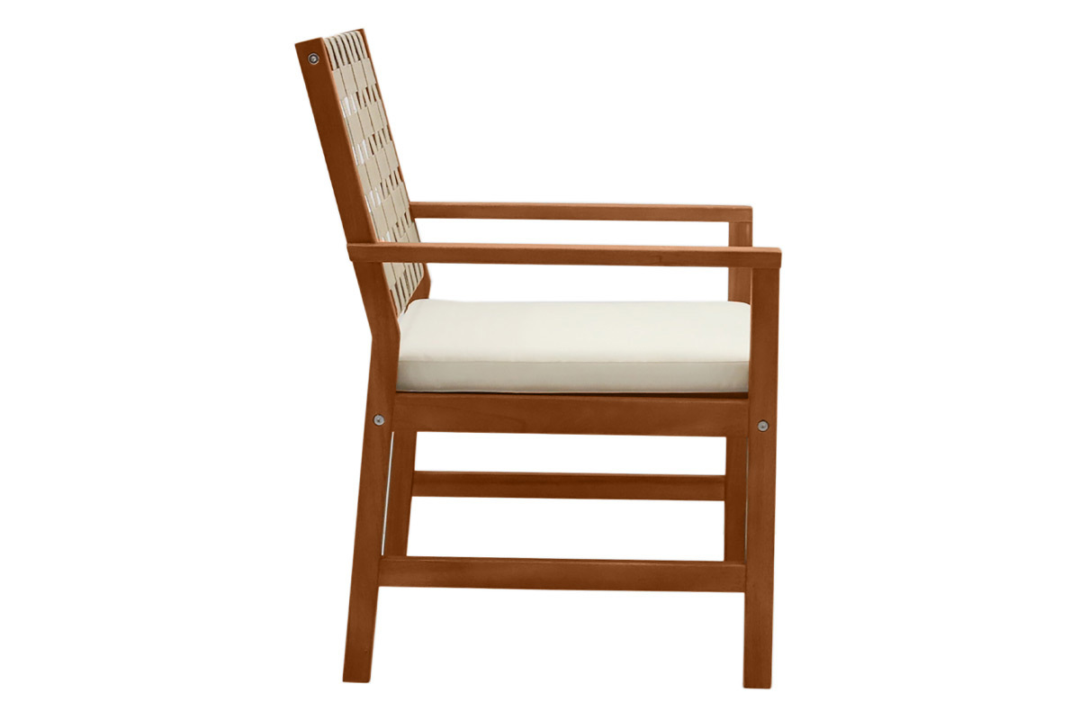 Set de 2 sillones de jardn de madera maciza con cojn blanco y cinchas beige SANTANA