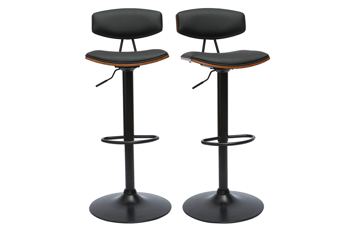 Set de 2 taburetes de cocina de diseo regulable negro y madera oscura VASCO