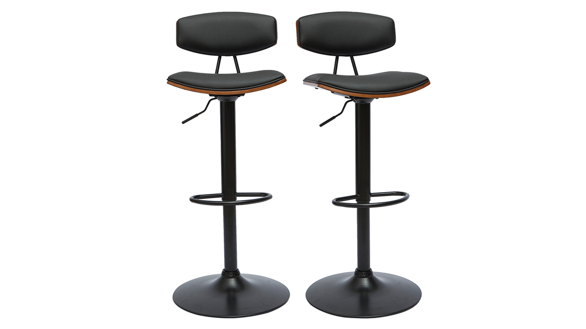 Set de 2 taburetes de cocina de diseo regulable negro y madera oscura VASCO