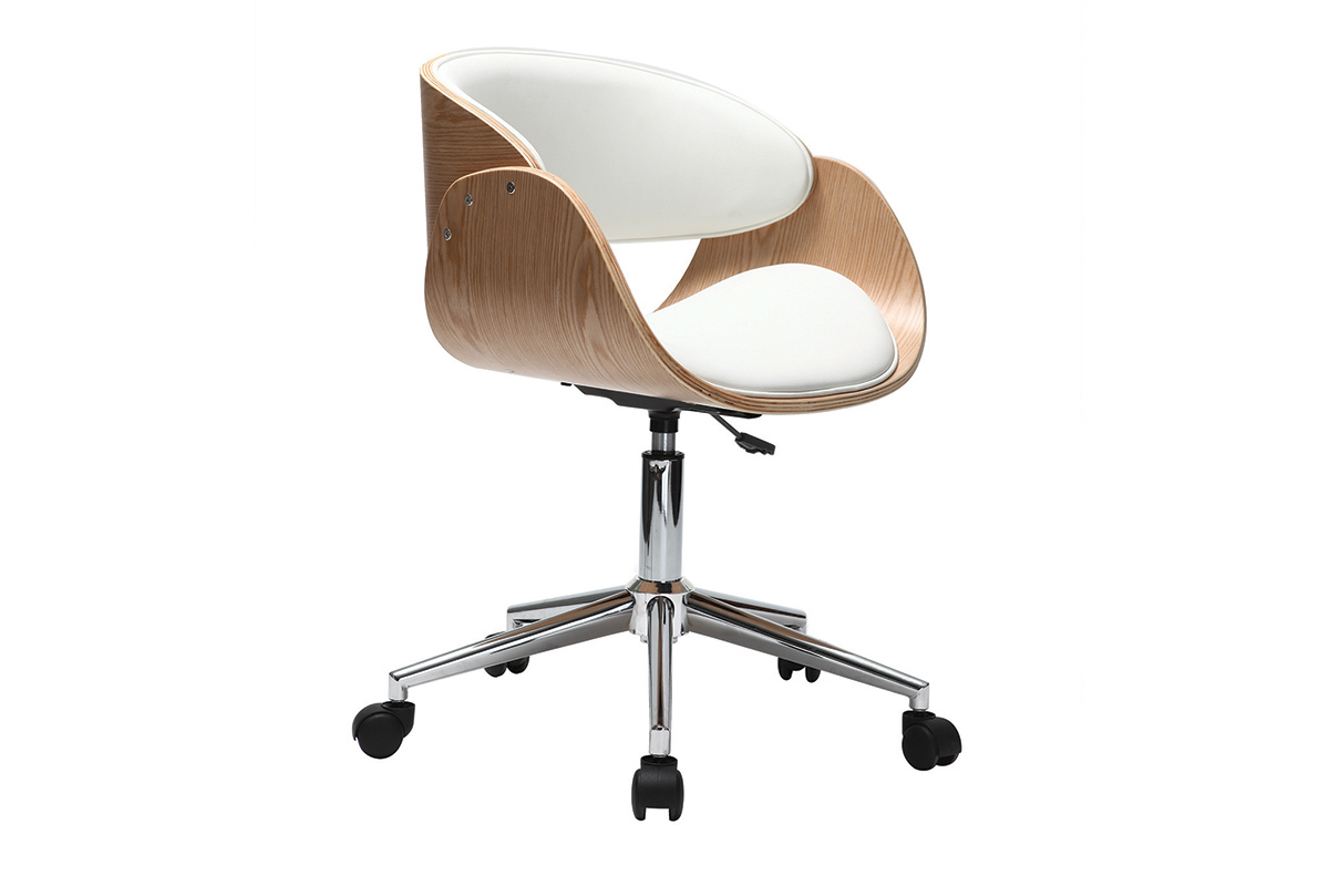 Silla de escritorio blanco y madera clara con ruedas BENT