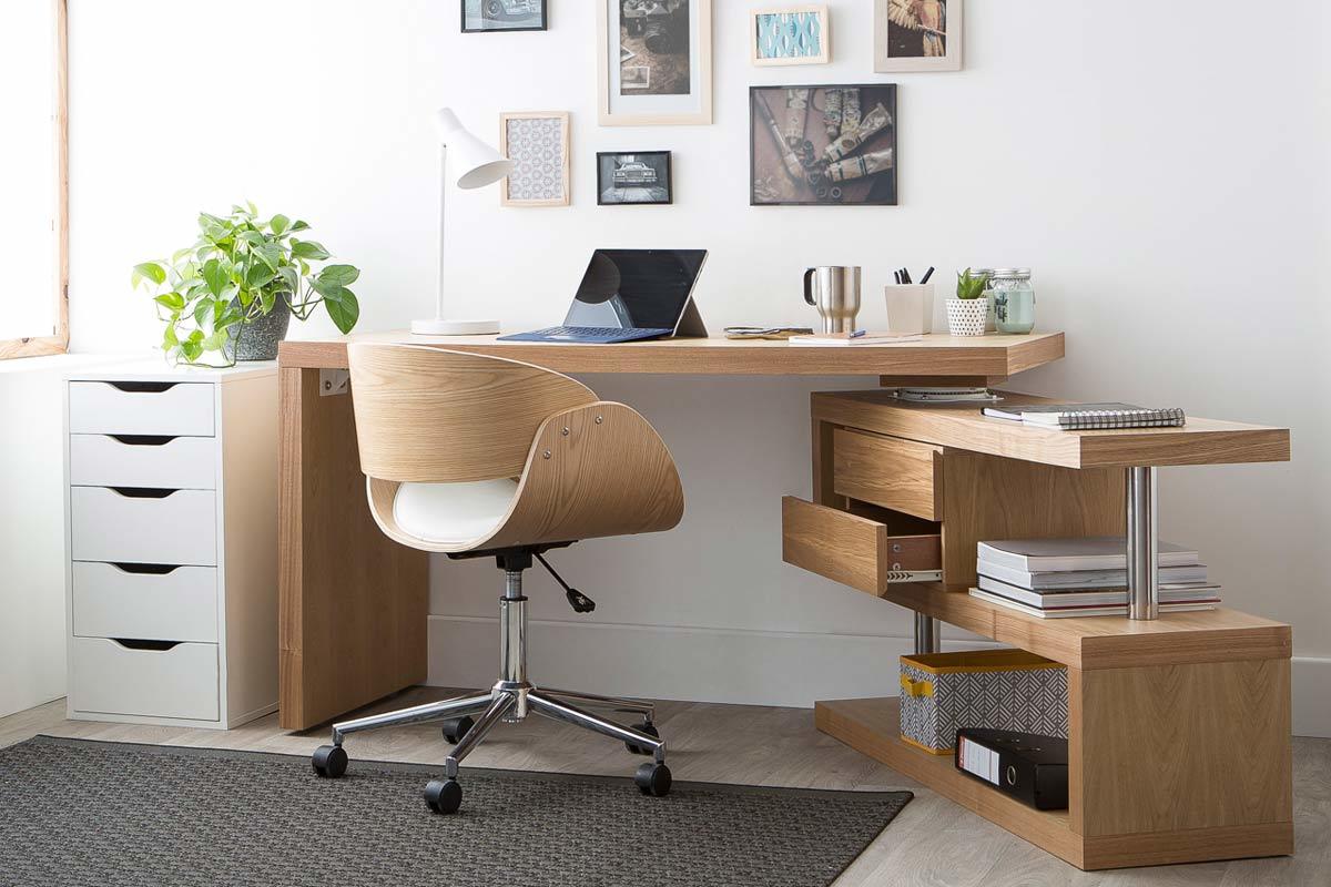 Silla de escritorio blanco y madera clara con ruedas BENT