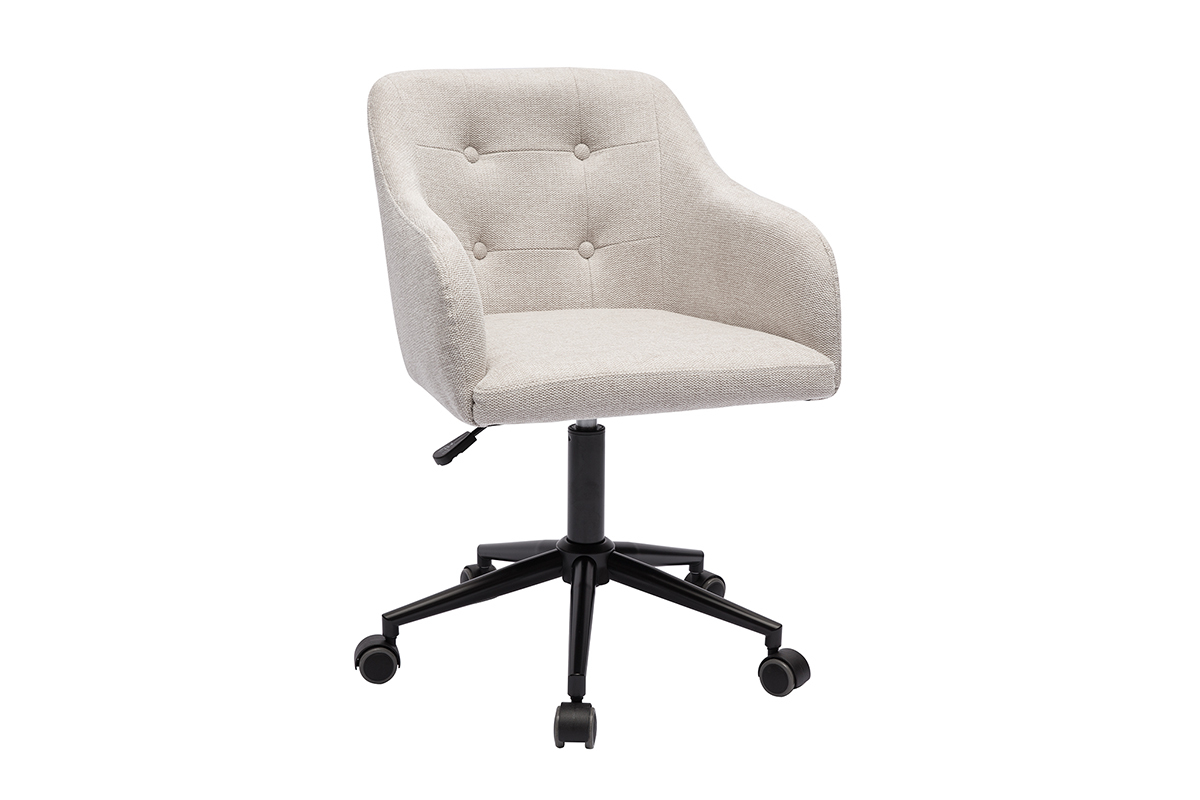 Silla de oficina acolchada con ruedas de tela de terciopelo texturizado beige y metal negro BALTIK