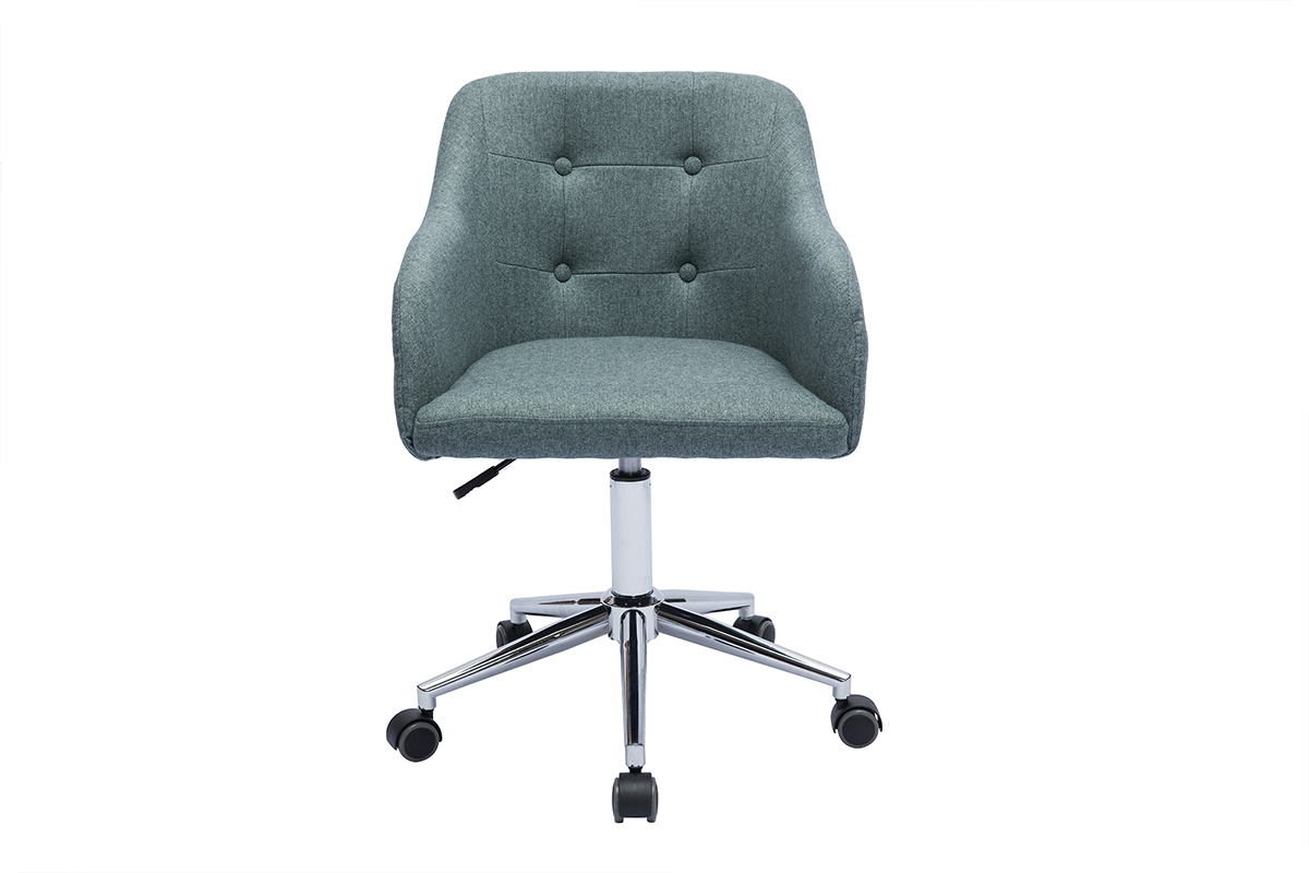 Silla de oficina capiton con ruedas de tela efecto terciopelo texturizado verde gris y metal cromado BALTIK