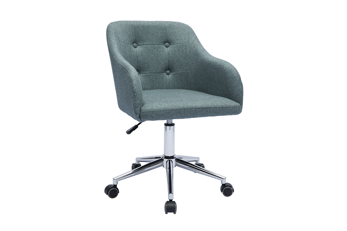 Silla de oficina capiton con ruedas de tela efecto terciopelo texturizado verde gris y metal cromado BALTIK