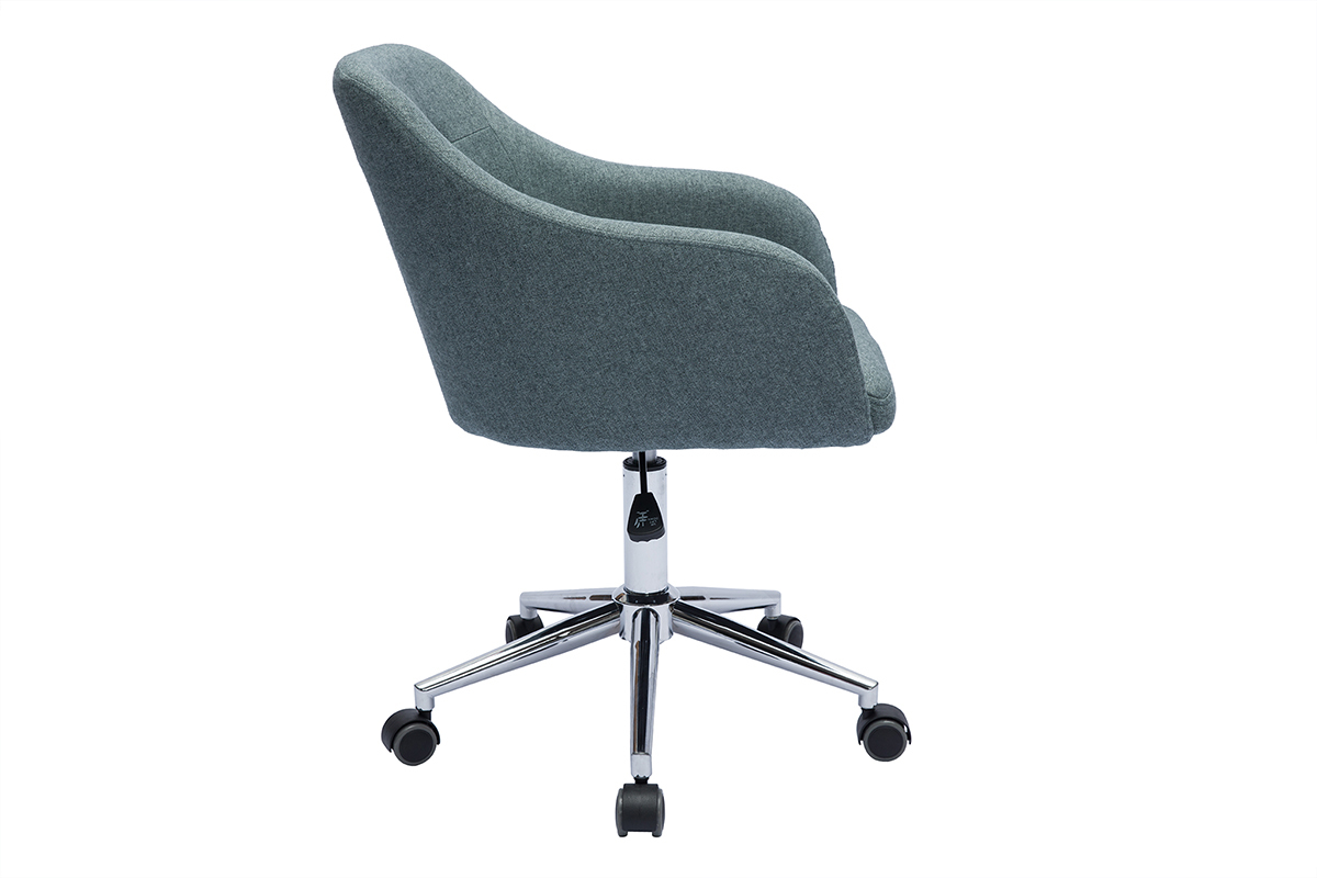 Silla de oficina capiton con ruedas de tela efecto terciopelo texturizado verde gris y metal cromado BALTIK