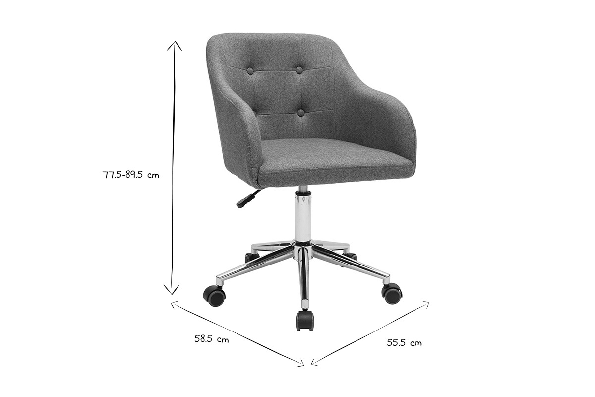 Silla de oficina capiton con ruedas de tela efecto terciopelo texturizado verde gris y metal cromado BALTIK