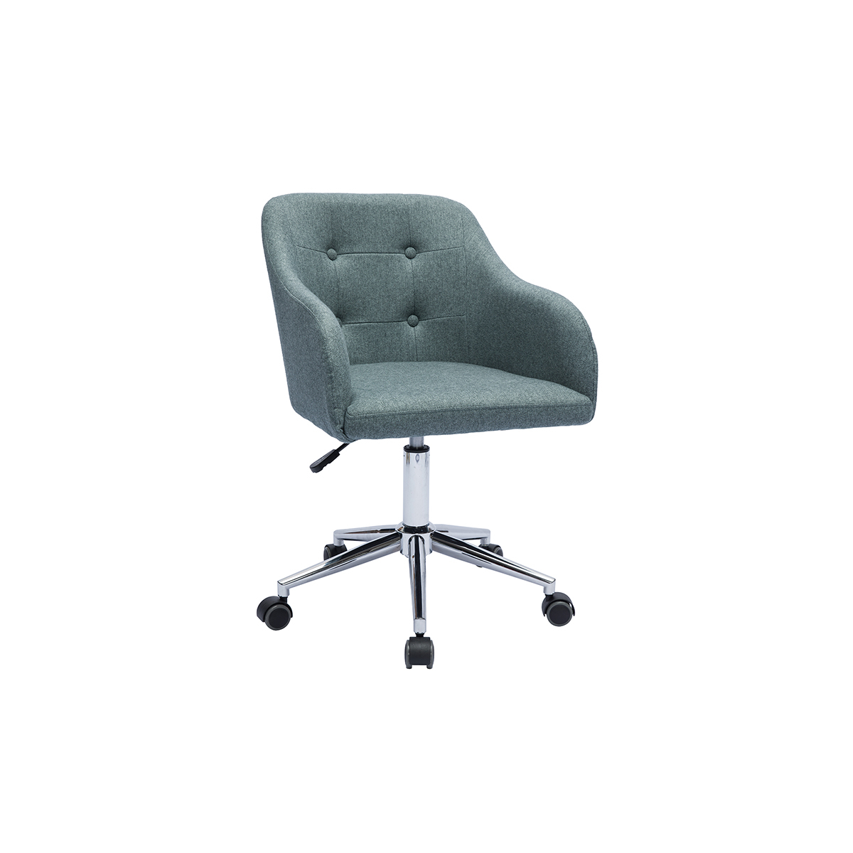 Silla de oficina capitoné con ruedas de tela efecto terciopelo texturizado verde gris y metal cromado BALTIK