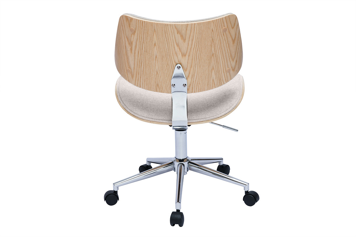 Silla de oficina con ruedas de diseo en tela de terciopelo beige, madera de roble claro y metal MALMO