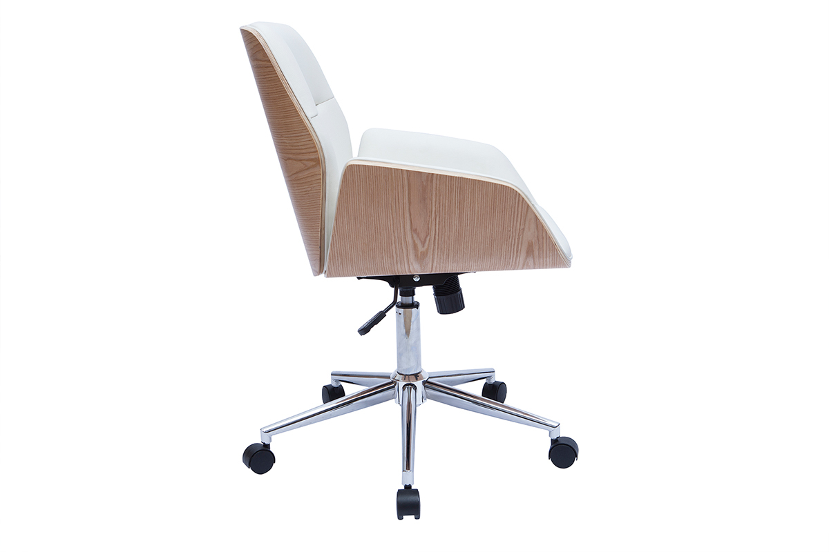 Silla de oficina giratoria blanca con madera clara MARLOW