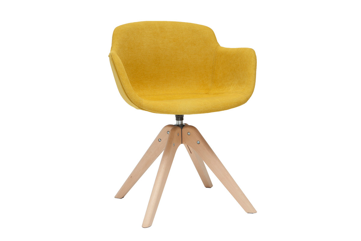 Silla moderna tejido efecto terciopelo amarillo mostaza y madera AARON