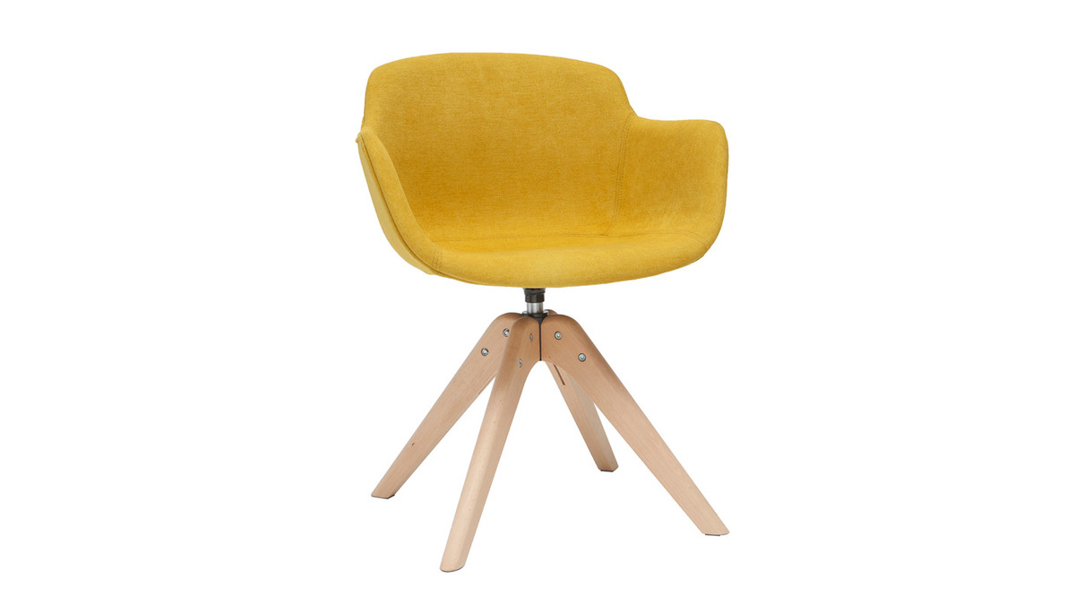 Silla moderna tejido efecto terciopelo amarillo mostaza y madera AARON