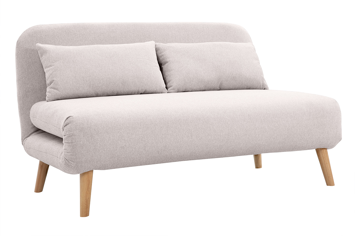 Silln-cama convertible de 2 plazas en tejido de terciopelo beige texturizado y madera clara AMIKO