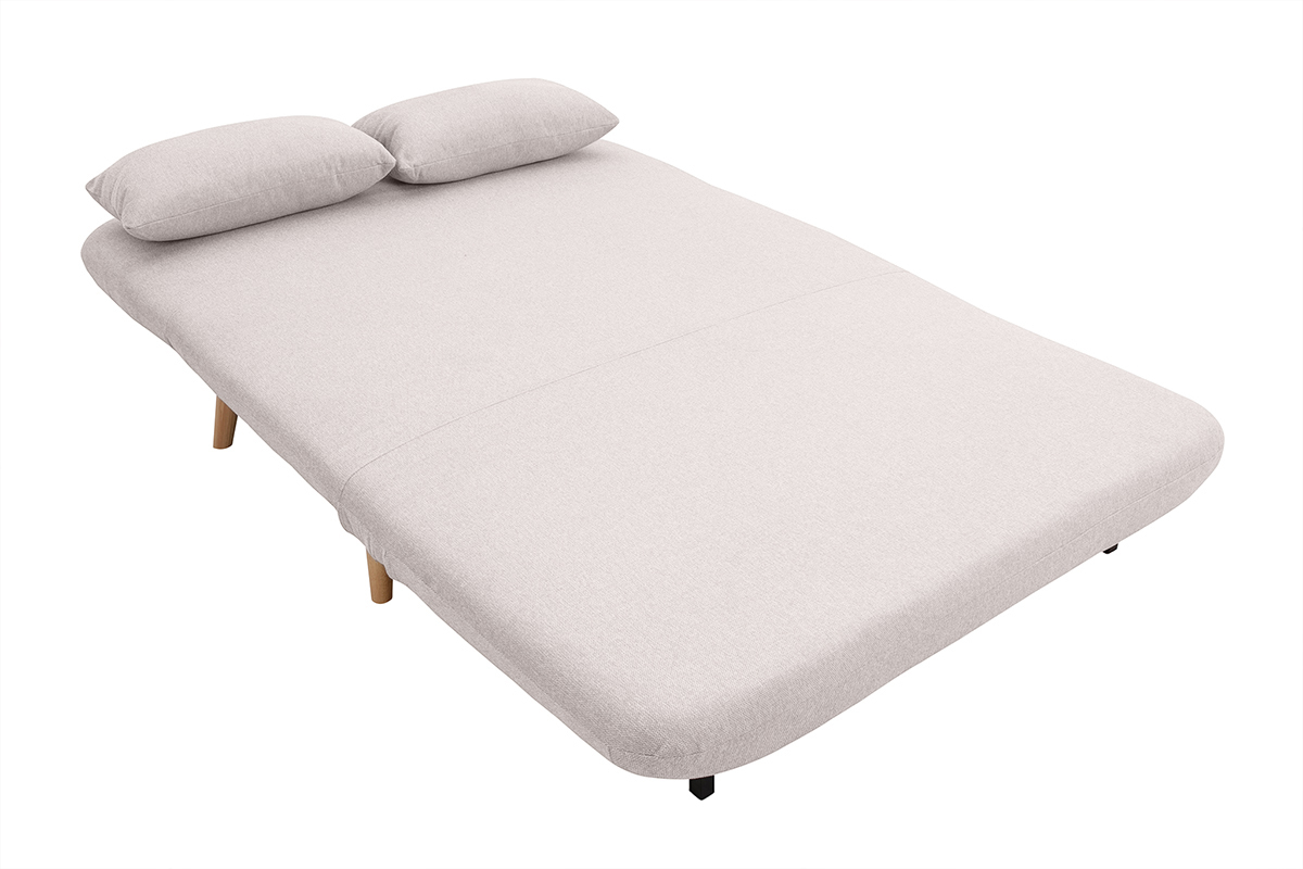 Silln-cama convertible de 2 plazas en tejido de terciopelo beige texturizado y madera clara AMIKO