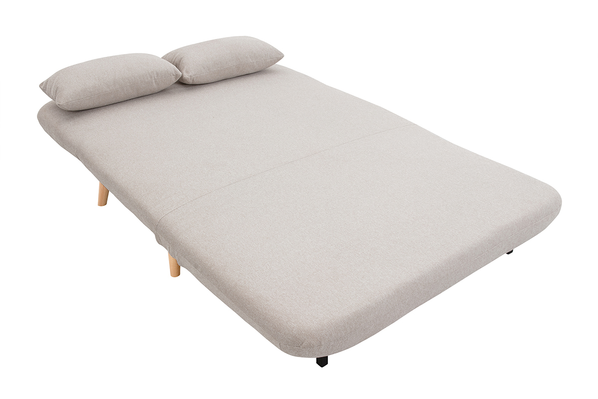 Silln-cama convertible de 2 plazas en tejido de terciopelo beige texturizado y madera clara AMIKO