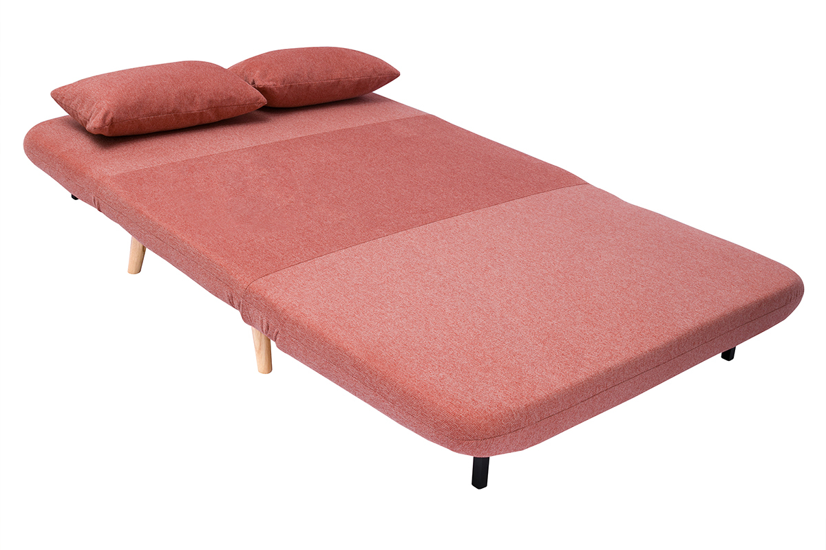 Silln cama de 2 plazas convertible de tela de terciopelo terracota y madera clara AMIKO