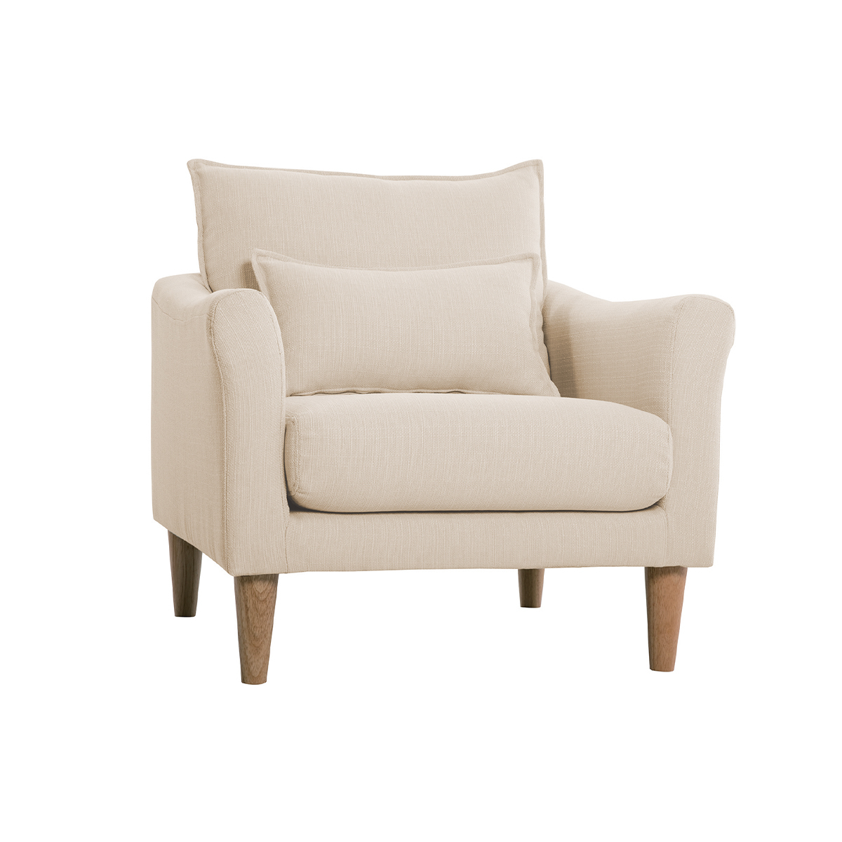 Sillón nórdico de tela beige y madera de caucho maciza KATE