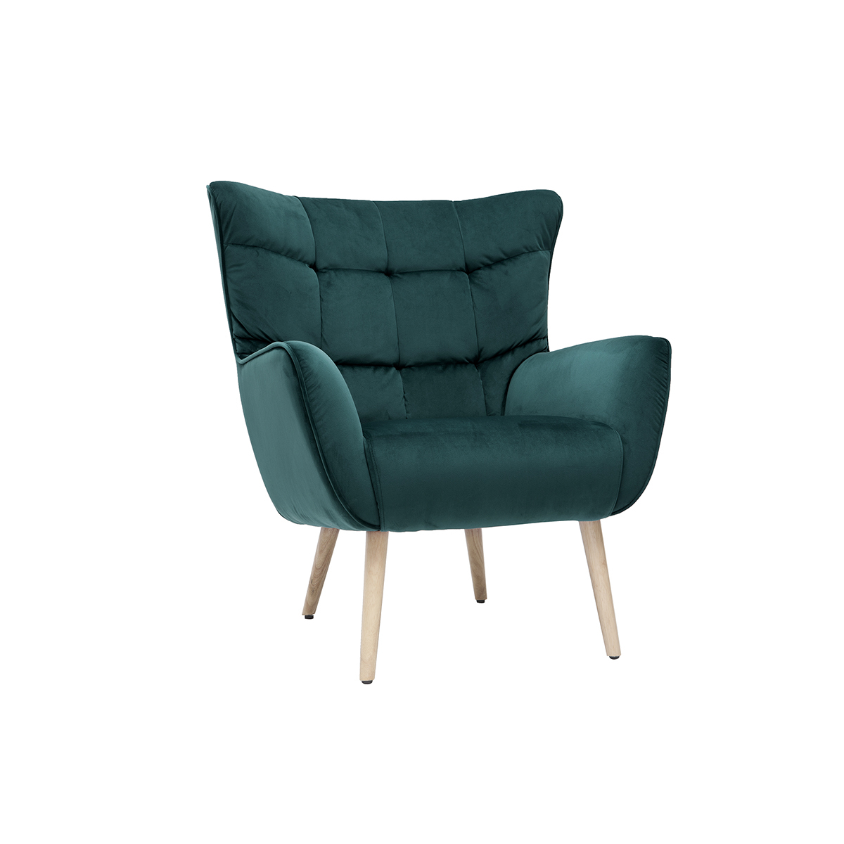 Sillón nórdico efecto terciopelo azul petróleo y madera AVERY