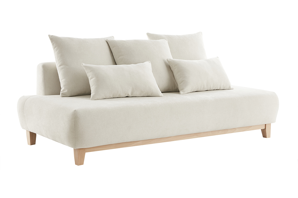 Sof 3 plazas de tejido efecto aterciopelado texturizado beige y madera clara 200 cm ODEON