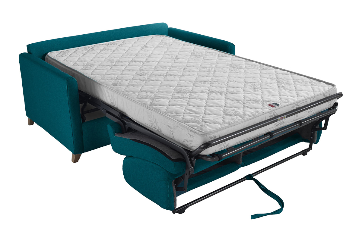 Sof cama 2-3 plazas nrdico azul petrleo y madera clara con colchn de 13 cm SKANDY