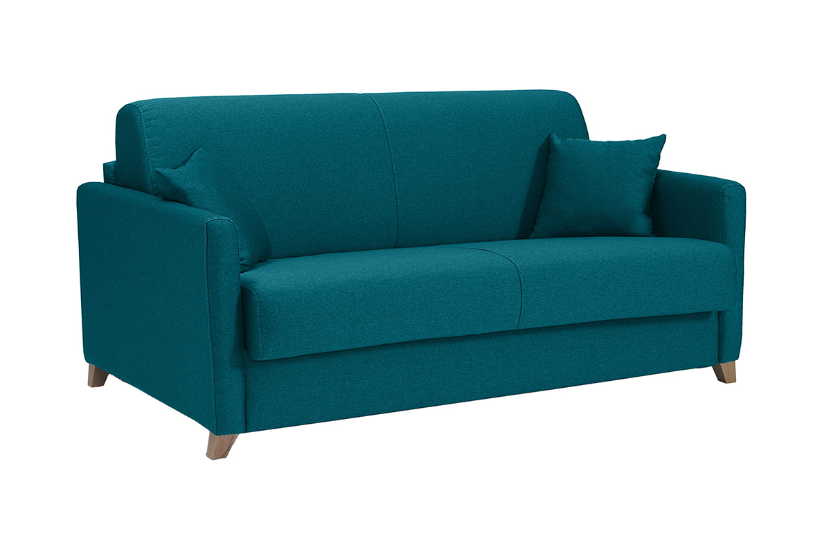 Sof cama 2-3 plazas nrdico azul petrleo y madera clara con colchn de 13 cm SKANDY