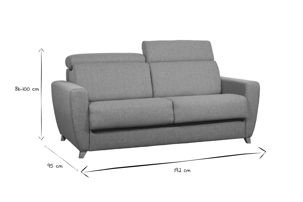 Sof cama 3plazas con reposacabezas regulables gris claro con colchn de 18cm GOYA