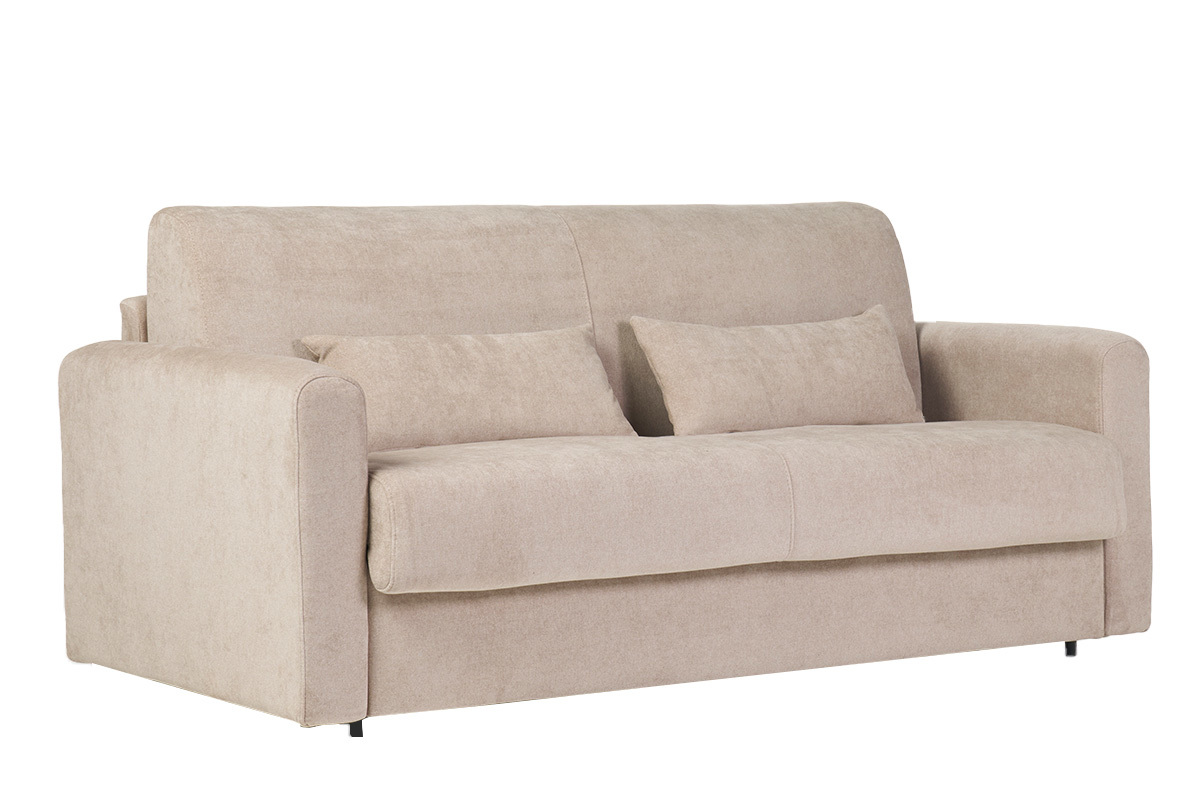 Sof cama 3 plazas de tela efecto aterciopelado beige con colchn de 13 cm LETTO