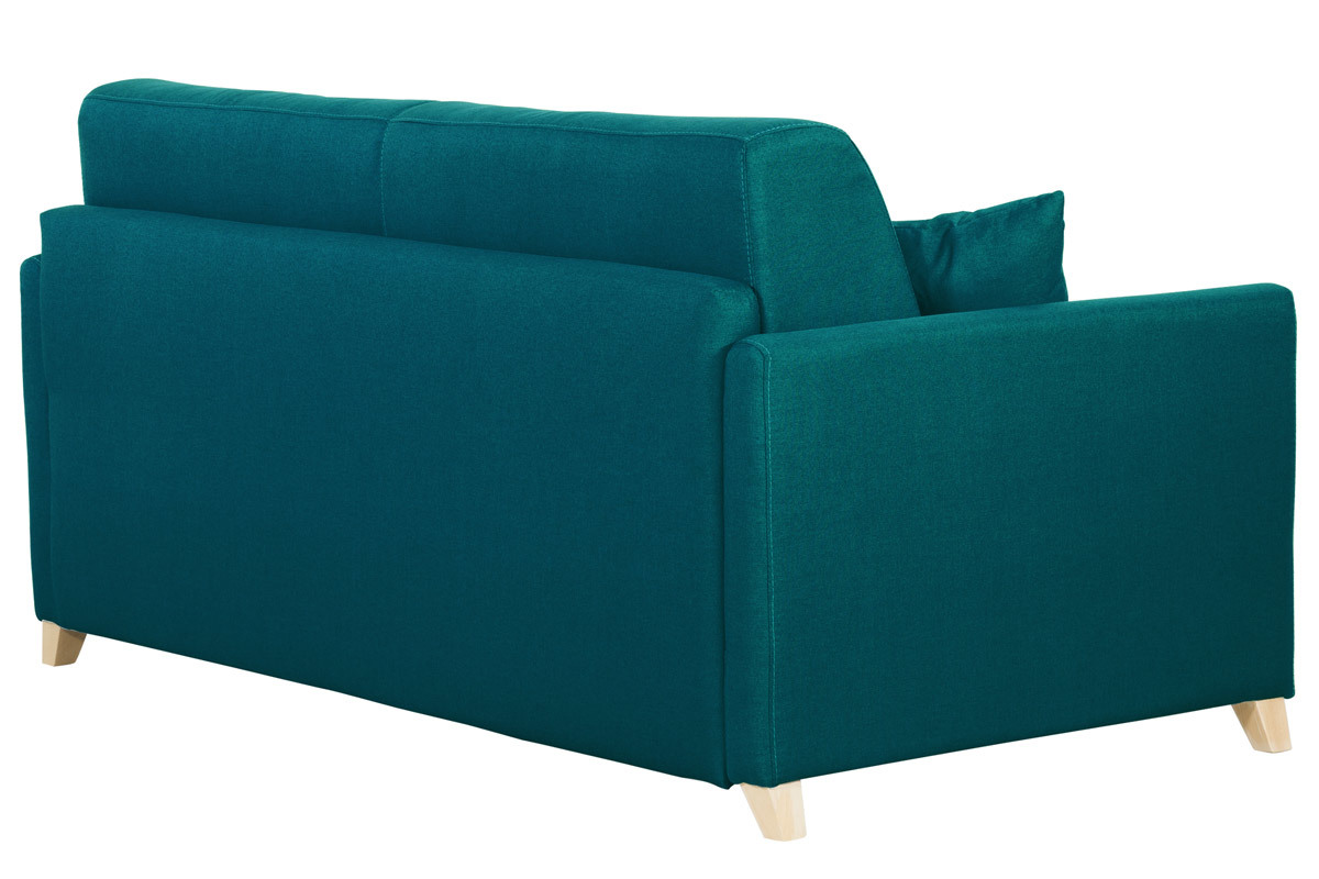 Sof cama 3 plazas nrdico azul petrleo y madera clara con colchn de 18 cm SKANDY